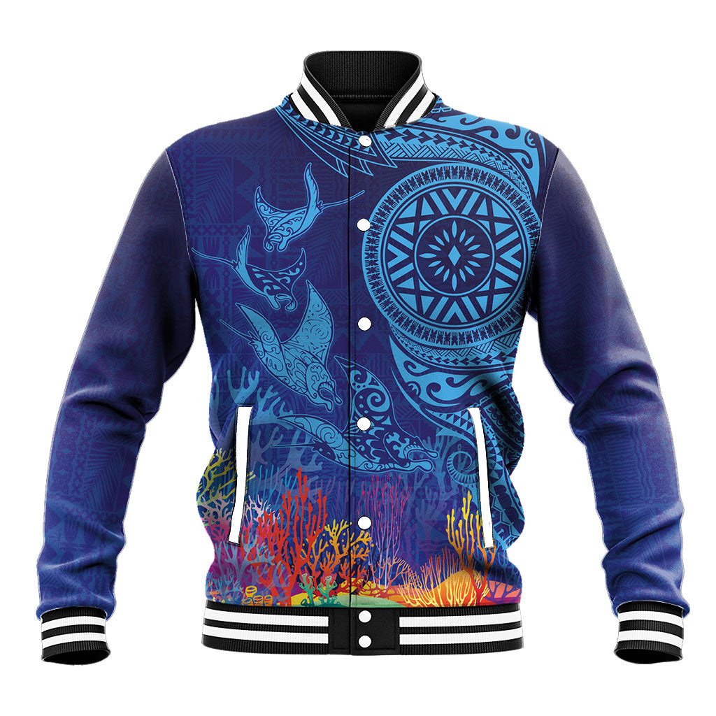 Fijian Tribal Manta Ray Baseball Jacket Masi Motif with Coral Reef Ocean Vibe