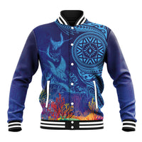Fijian Tribal Manta Ray Baseball Jacket Masi Motif with Coral Reef Ocean Vibe