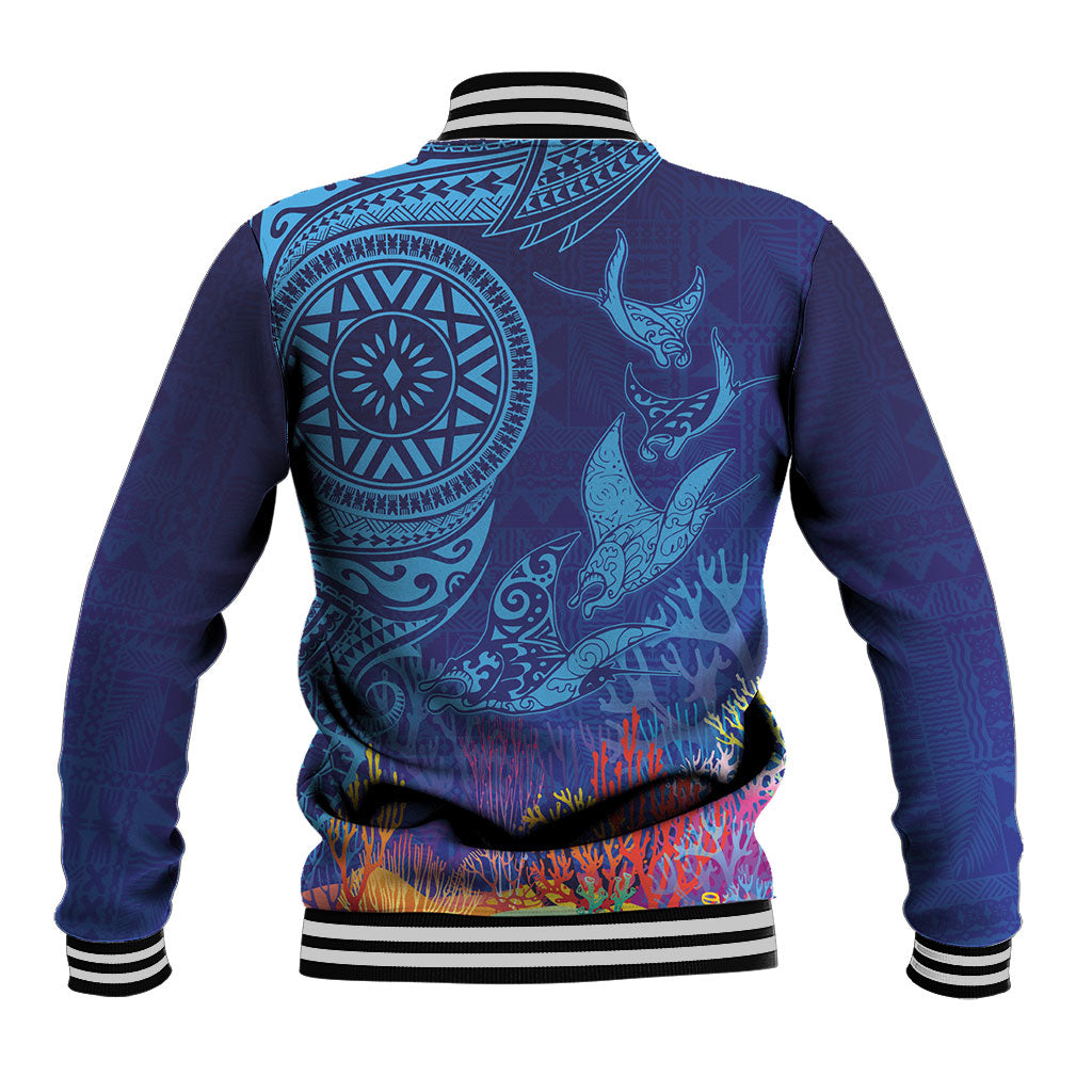 Fijian Tribal Manta Ray Baseball Jacket Masi Motif with Coral Reef Ocean Vibe