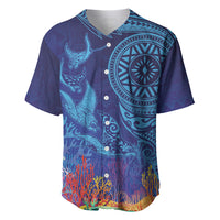 Fijian Tribal Manta Ray Baseball Jersey Masi Motif with Coral Reef Ocean Vibe