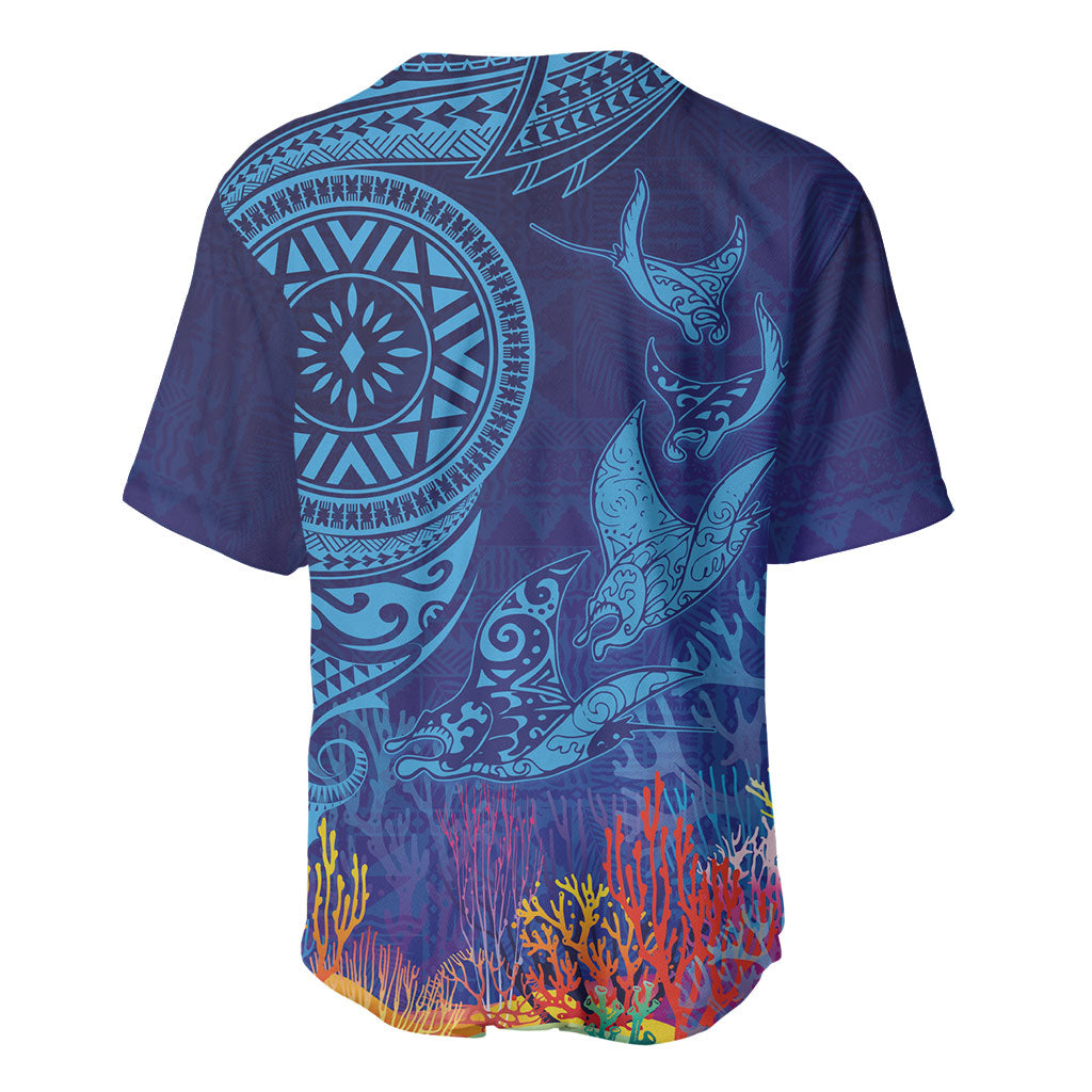Fijian Tribal Manta Ray Baseball Jersey Masi Motif with Coral Reef Ocean Vibe