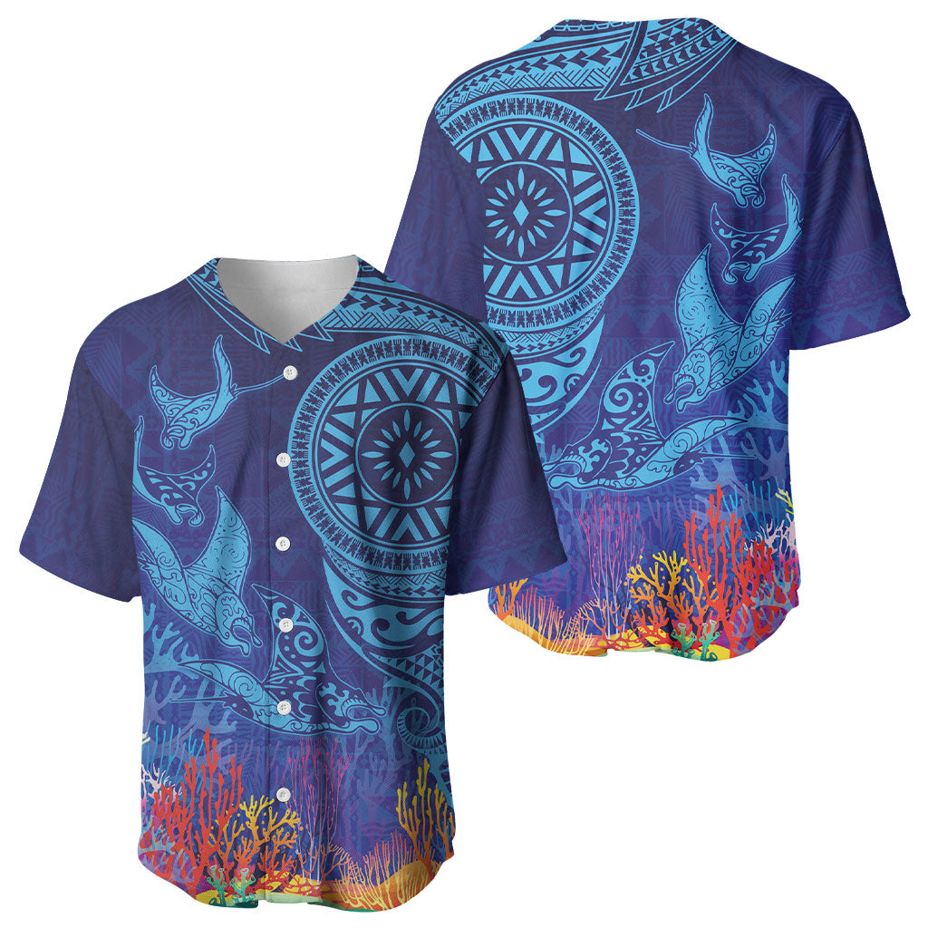 Fijian Tribal Manta Ray Baseball Jersey Masi Motif with Coral Reef Ocean Vibe