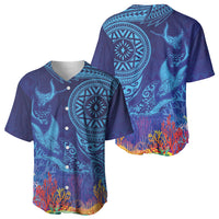 Fijian Tribal Manta Ray Baseball Jersey Masi Motif with Coral Reef Ocean Vibe