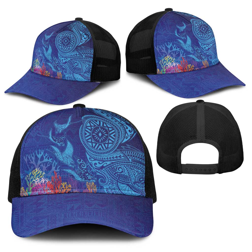 Fijian Tribal Manta Ray Baseball Net Cap Masi Motif with Coral Reef Ocean Vibe