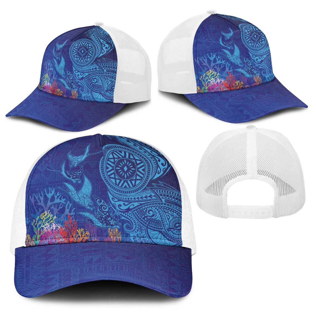 Fijian Tribal Manta Ray Baseball Net Cap Masi Motif with Coral Reef Ocean Vibe