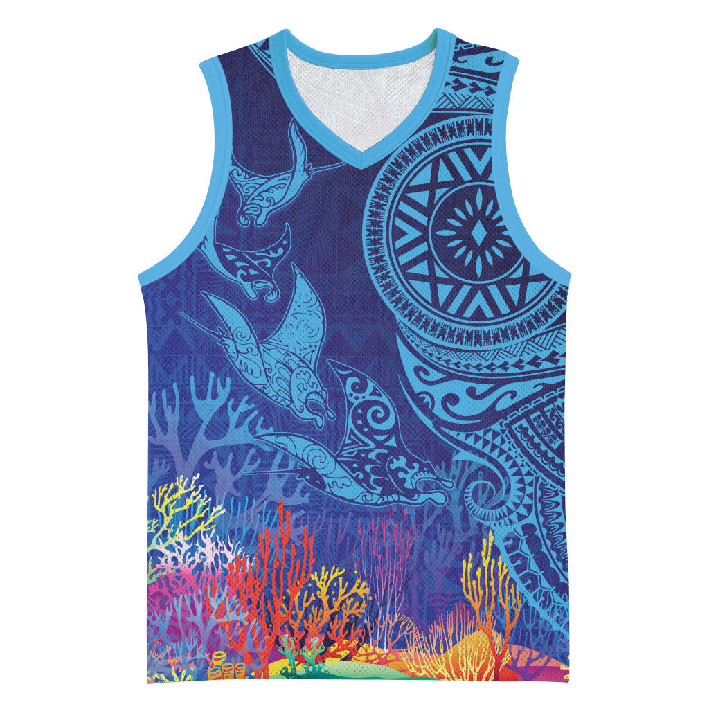 Fijian Tribal Manta Ray Basketball Jersey Masi Motif with Coral Reef Ocean Vibe