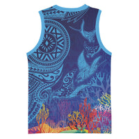 Fijian Tribal Manta Ray Basketball Jersey Masi Motif with Coral Reef Ocean Vibe