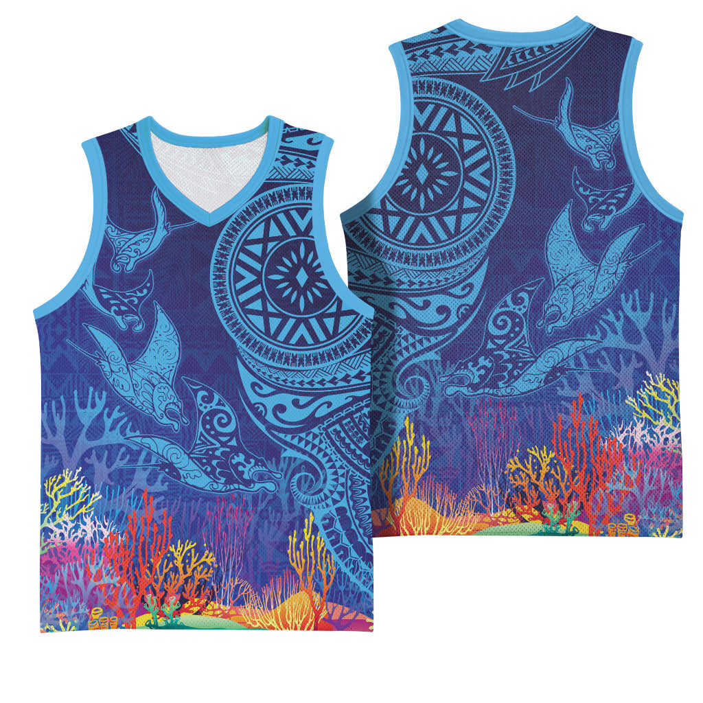 Fijian Tribal Manta Ray Basketball Jersey Masi Motif with Coral Reef Ocean Vibe