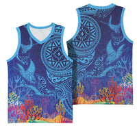 Fijian Tribal Manta Ray Basketball Jersey Masi Motif with Coral Reef Ocean Vibe