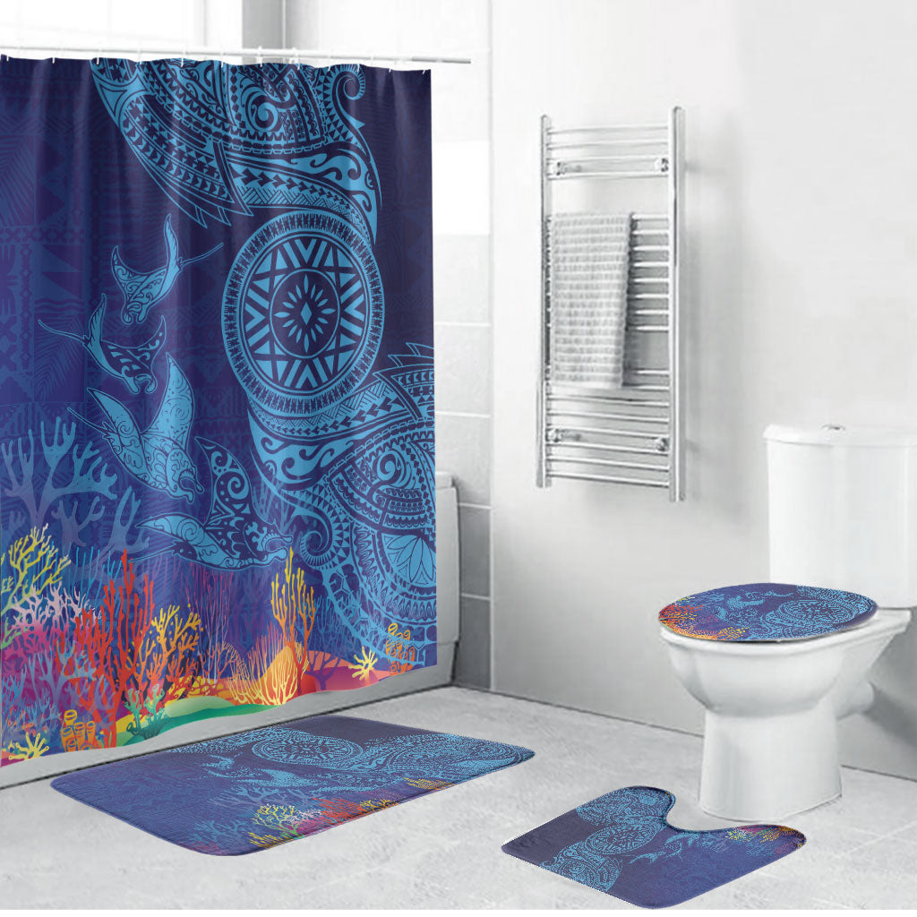Fijian Tribal Manta Ray Bathroom Set Masi Motif with Coral Reef Ocean Vibe