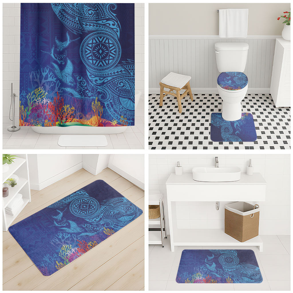 Fijian Tribal Manta Ray Bathroom Set Masi Motif with Coral Reef Ocean Vibe