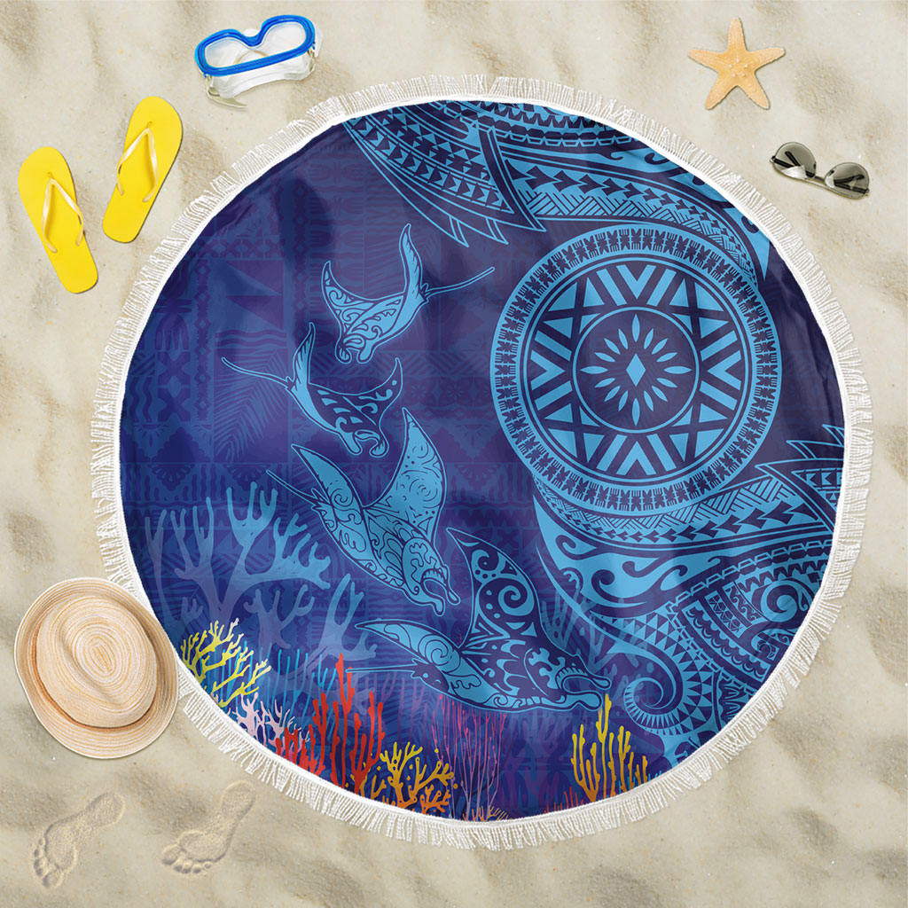 Fijian Tribal Manta Ray Beach Blanket Masi Motif with Coral Reef Ocean Vibe