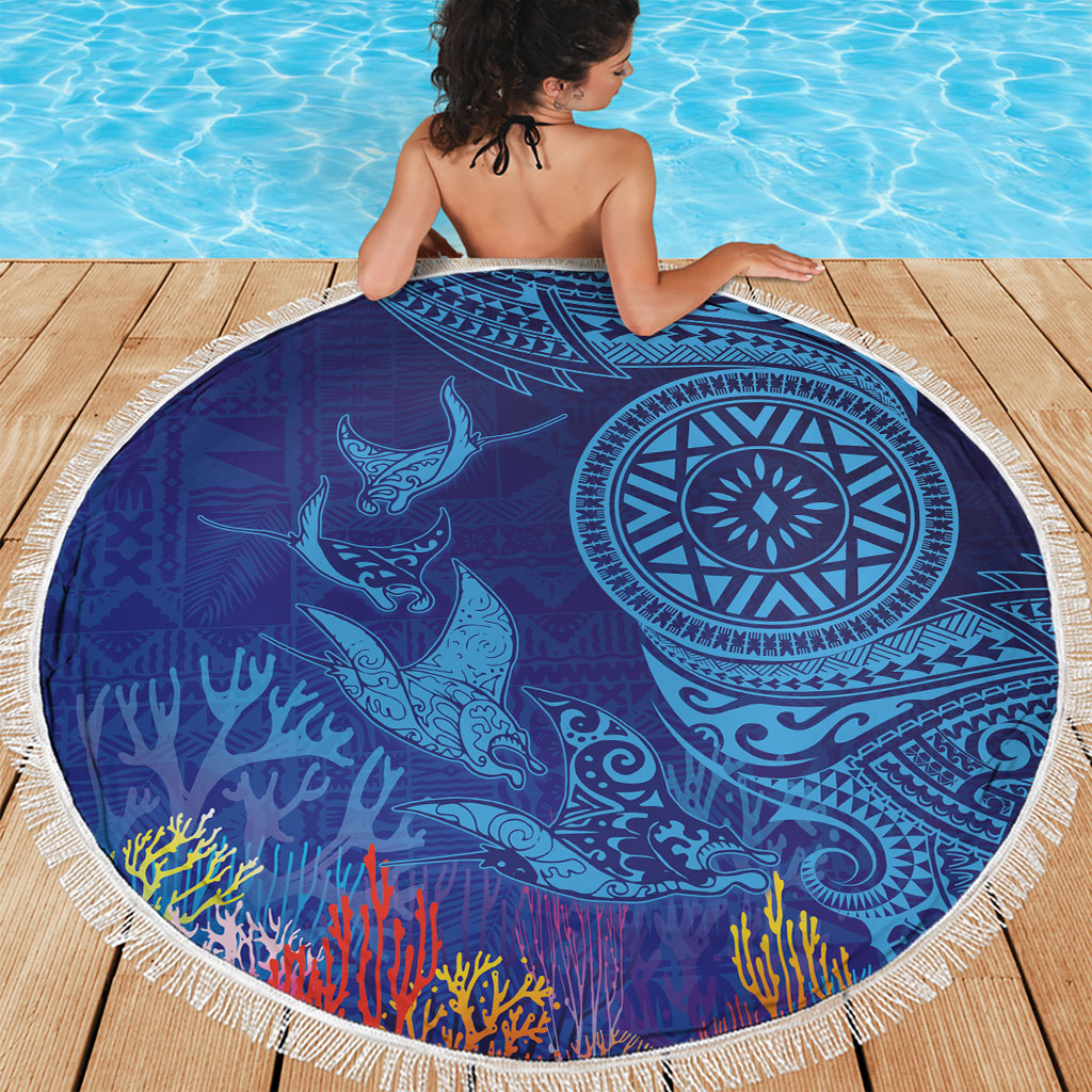 Fijian Tribal Manta Ray Beach Blanket Masi Motif with Coral Reef Ocean Vibe