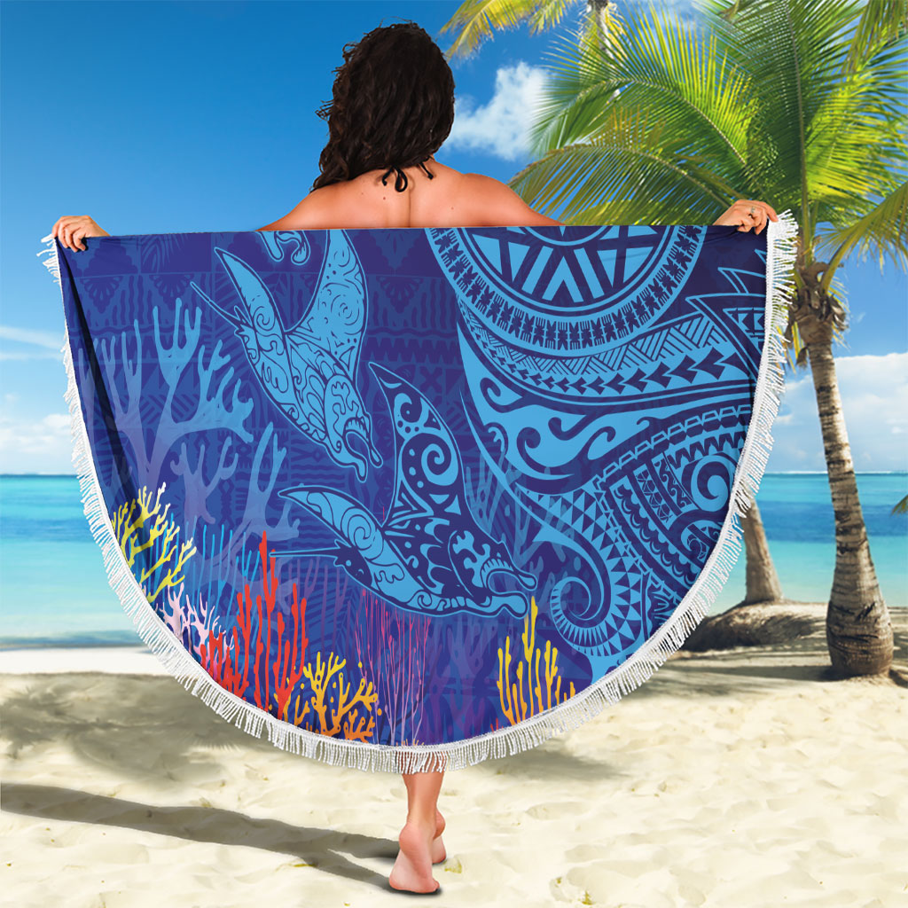 Fijian Tribal Manta Ray Beach Blanket Masi Motif with Coral Reef Ocean Vibe