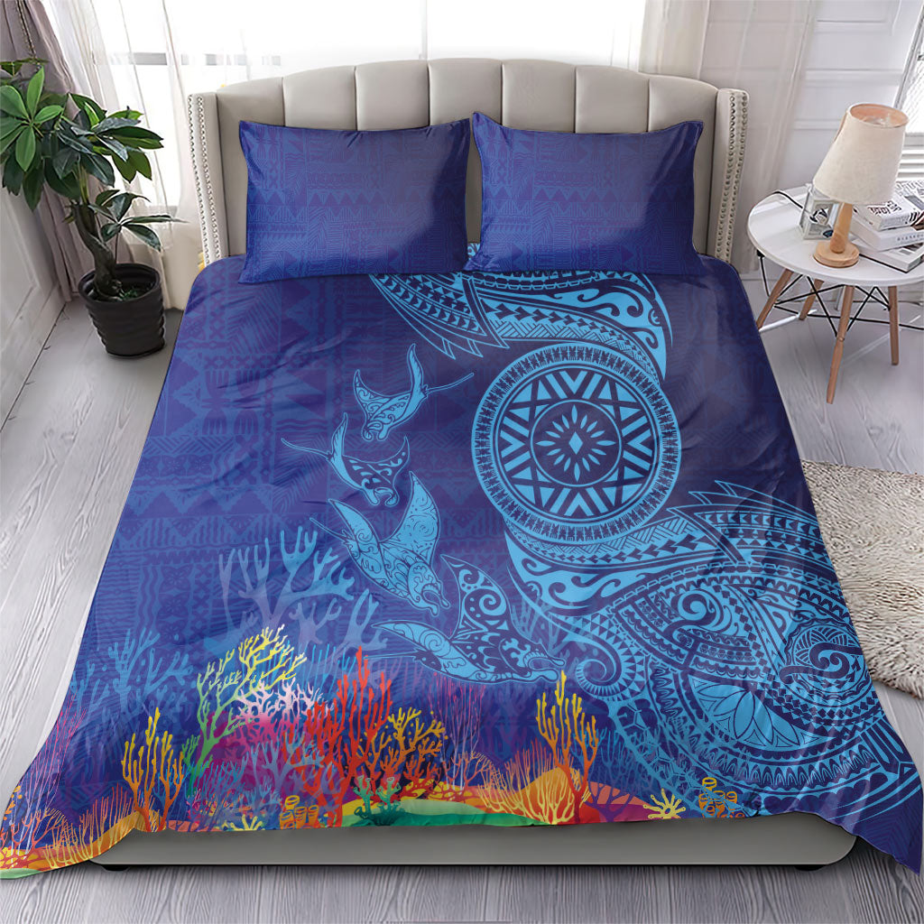 Fijian Tribal Manta Ray Bedding Set Masi Motif with Coral Reef Ocean Vibe