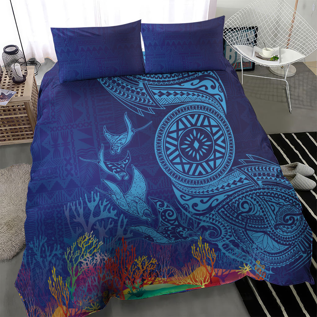 Fijian Tribal Manta Ray Bedding Set Masi Motif with Coral Reef Ocean Vibe