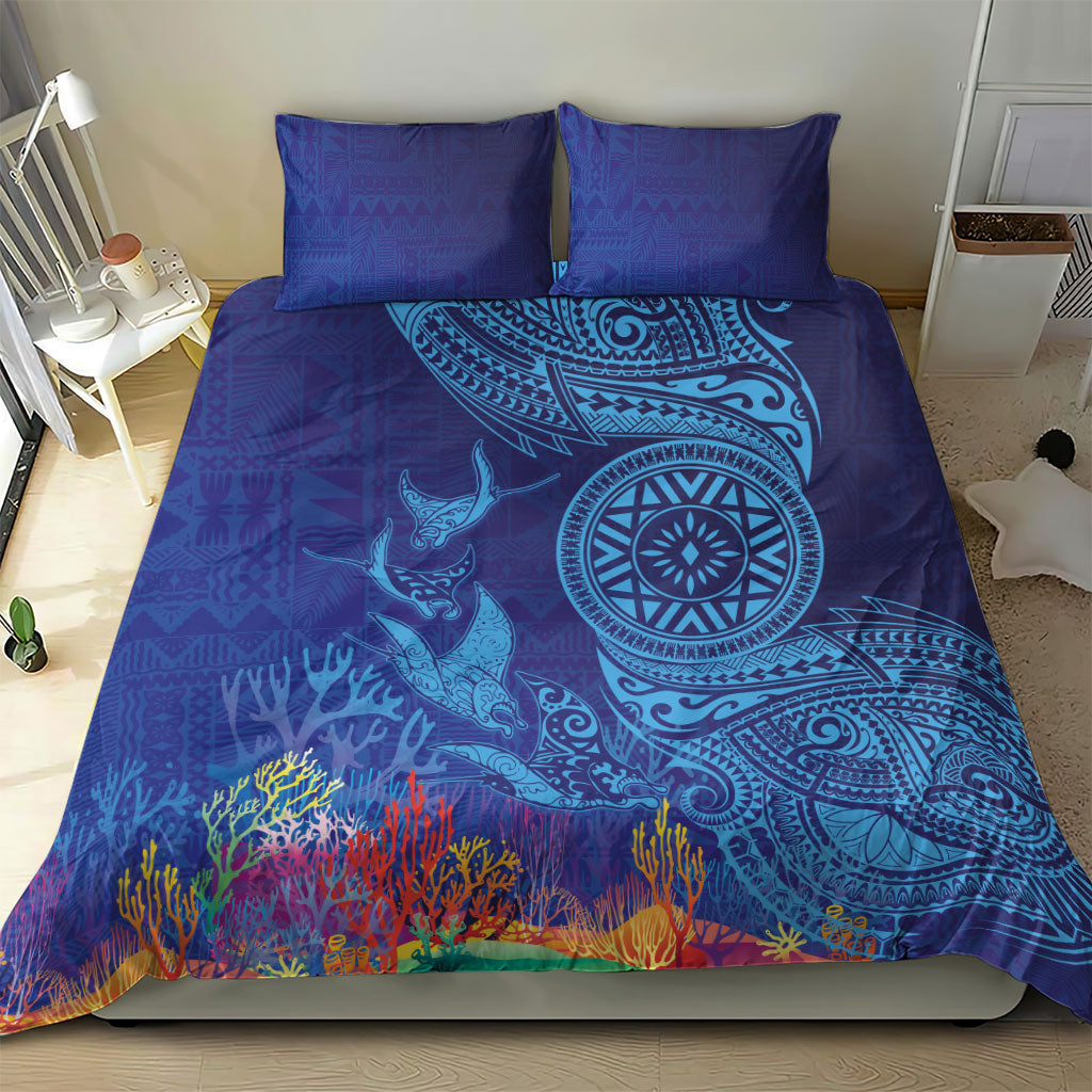 Fijian Tribal Manta Ray Bedding Set Masi Motif with Coral Reef Ocean Vibe
