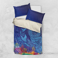 Fijian Tribal Manta Ray Bedding Set Masi Motif with Coral Reef Ocean Vibe