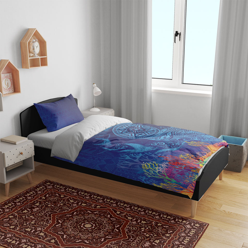 Fijian Tribal Manta Ray Bedding Set Masi Motif with Coral Reef Ocean Vibe