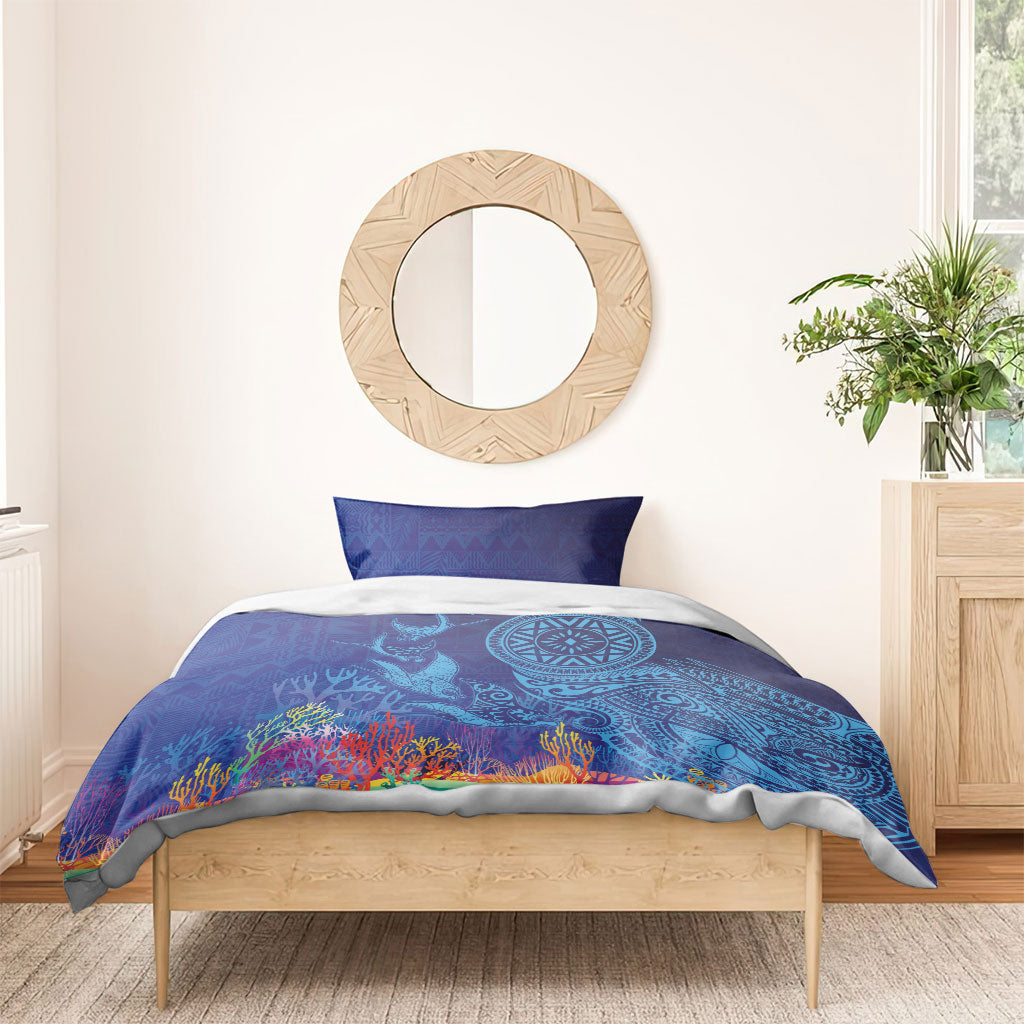 Fijian Tribal Manta Ray Bedding Set Masi Motif with Coral Reef Ocean Vibe