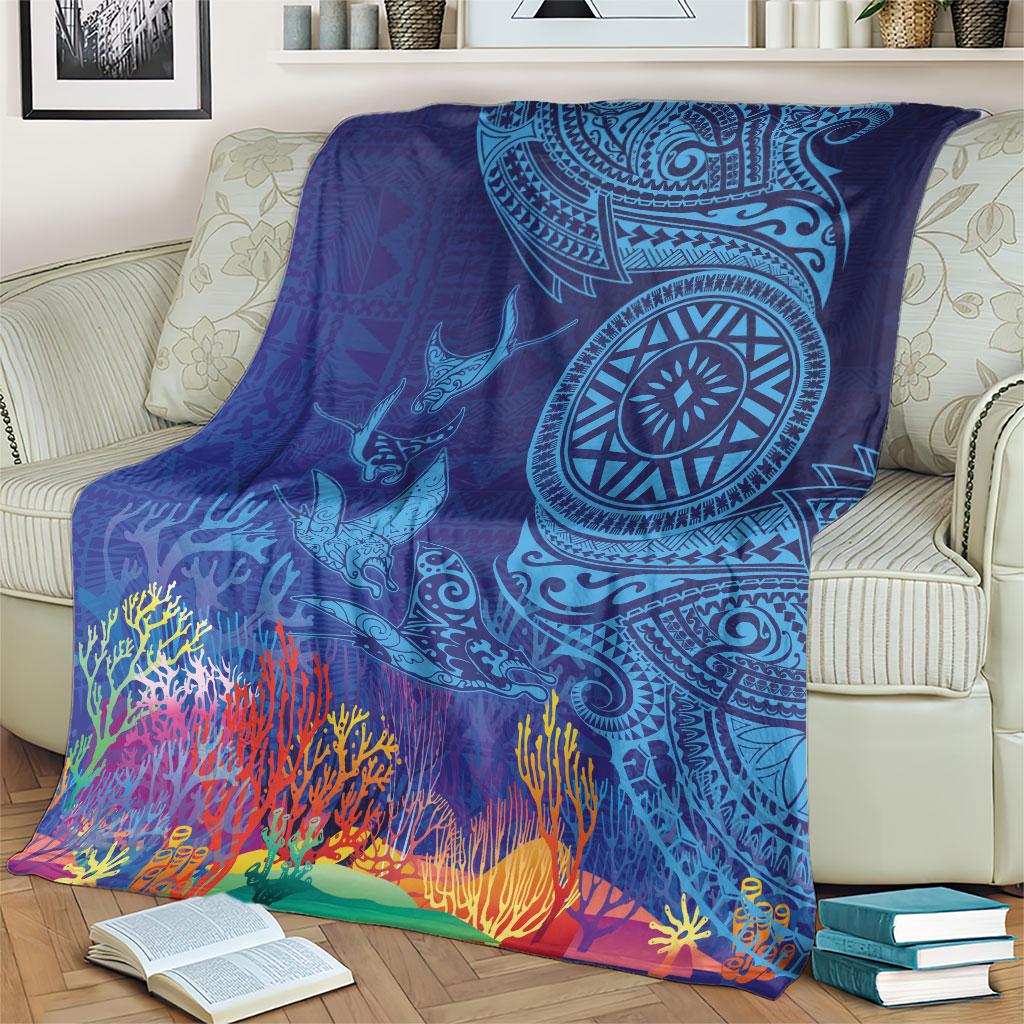 Fijian Tribal Manta Ray Blanket Masi Motif with Coral Reef Ocean Vibe