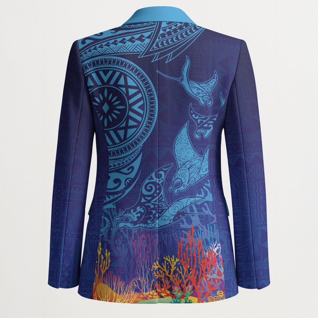 Fijian Tribal Manta Ray Blazer Masi Motif with Coral Reef Ocean Vibe