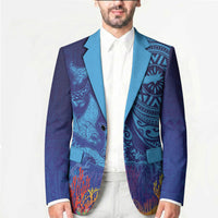 Fijian Tribal Manta Ray Blazer Masi Motif with Coral Reef Ocean Vibe