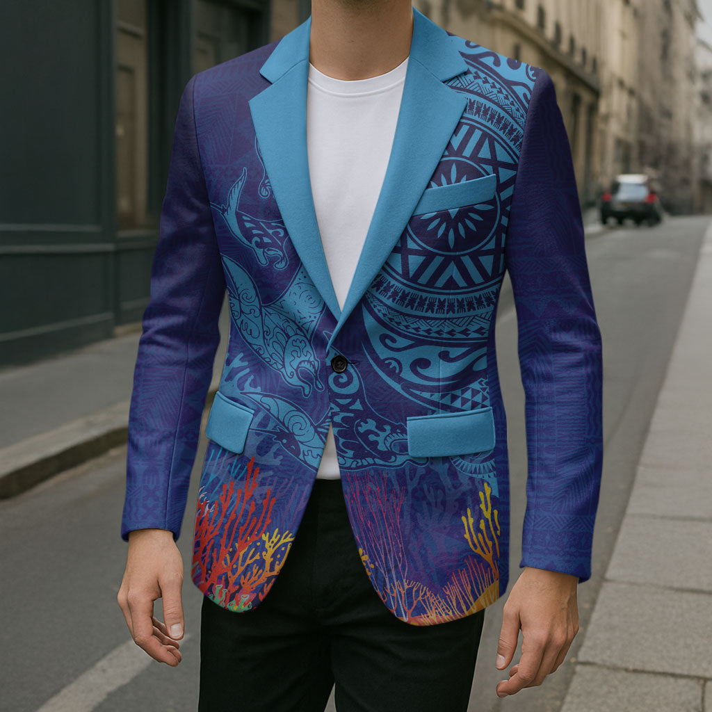 Fijian Tribal Manta Ray Blazer Masi Motif with Coral Reef Ocean Vibe