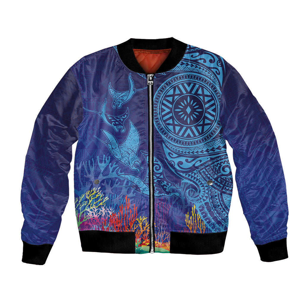Fijian Tribal Manta Ray Bomber Jacket Masi Motif with Coral Reef Ocean Vibe