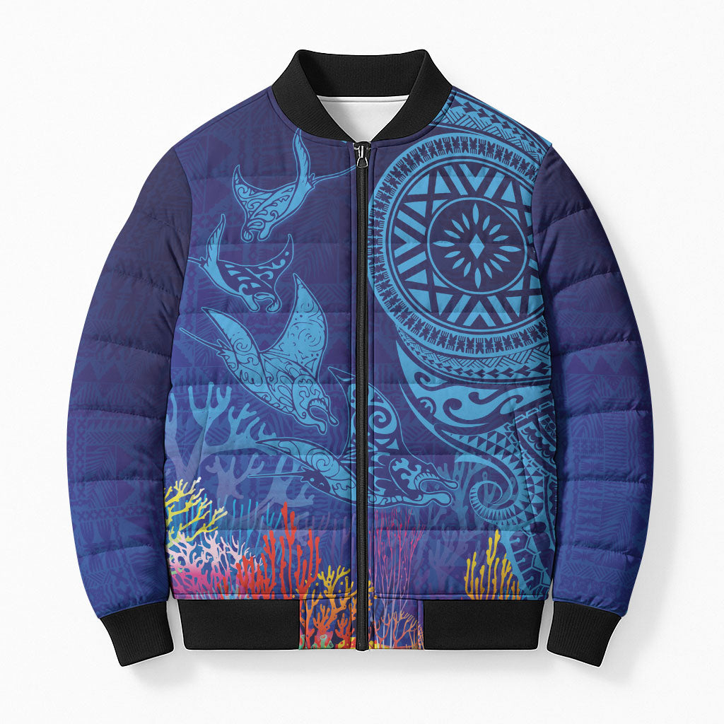 Fijian Tribal Manta Ray Bomber Puffer Jacket Masi Motif with Coral Reef Ocean Vibe