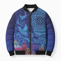 Fijian Tribal Manta Ray Bomber Puffer Jacket Masi Motif with Coral Reef Ocean Vibe