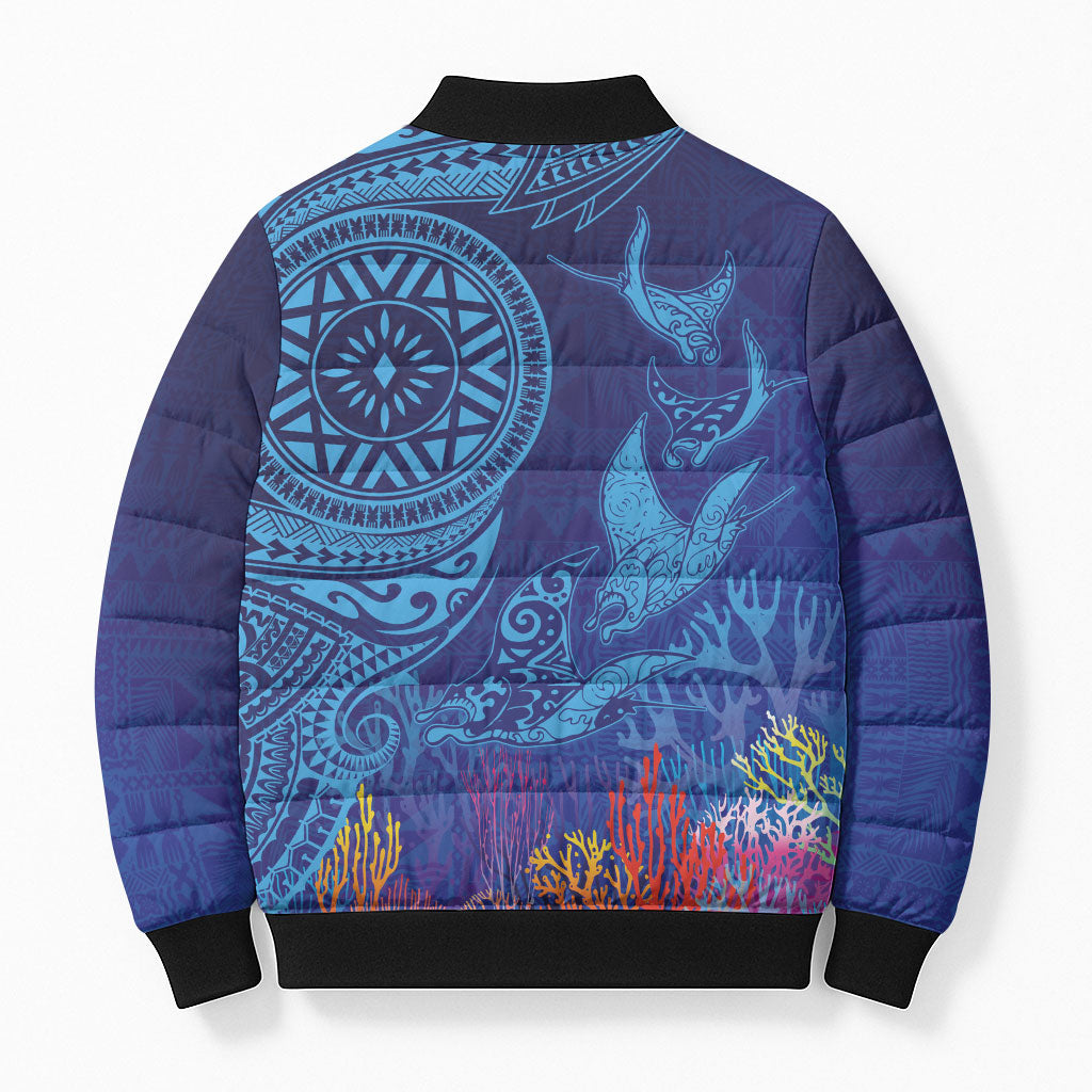 Fijian Tribal Manta Ray Bomber Puffer Jacket Masi Motif with Coral Reef Ocean Vibe