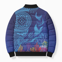 Fijian Tribal Manta Ray Bomber Puffer Jacket Masi Motif with Coral Reef Ocean Vibe