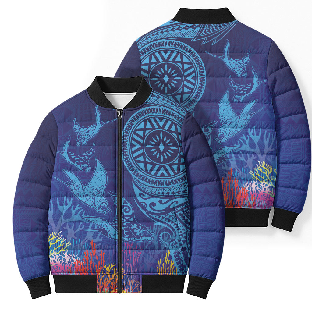 Fijian Tribal Manta Ray Bomber Puffer Jacket Masi Motif with Coral Reef Ocean Vibe
