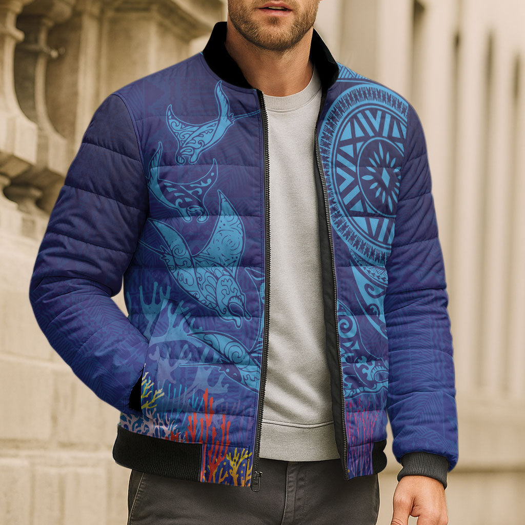 Fijian Tribal Manta Ray Bomber Puffer Jacket Masi Motif with Coral Reef Ocean Vibe