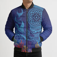 Fijian Tribal Manta Ray Bomber Puffer Jacket Masi Motif with Coral Reef Ocean Vibe