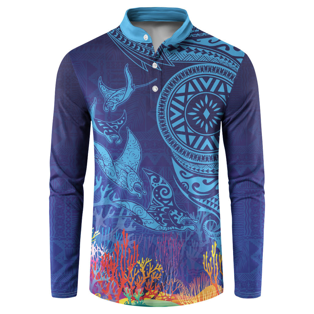 Fijian Tribal Manta Ray Button Sweatshirt Masi Motif with Coral Reef Ocean Vibe