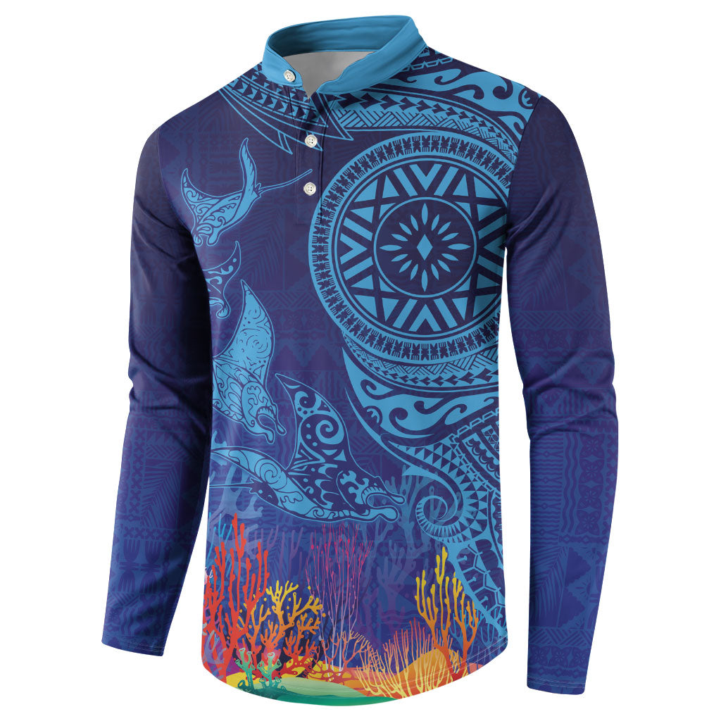 Fijian Tribal Manta Ray Button Sweatshirt Masi Motif with Coral Reef Ocean Vibe