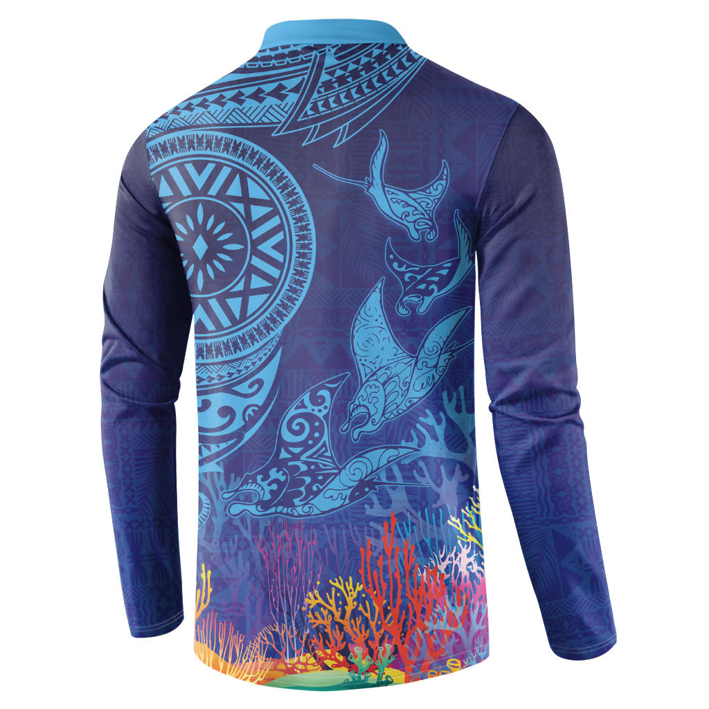 Fijian Tribal Manta Ray Button Sweatshirt Masi Motif with Coral Reef Ocean Vibe
