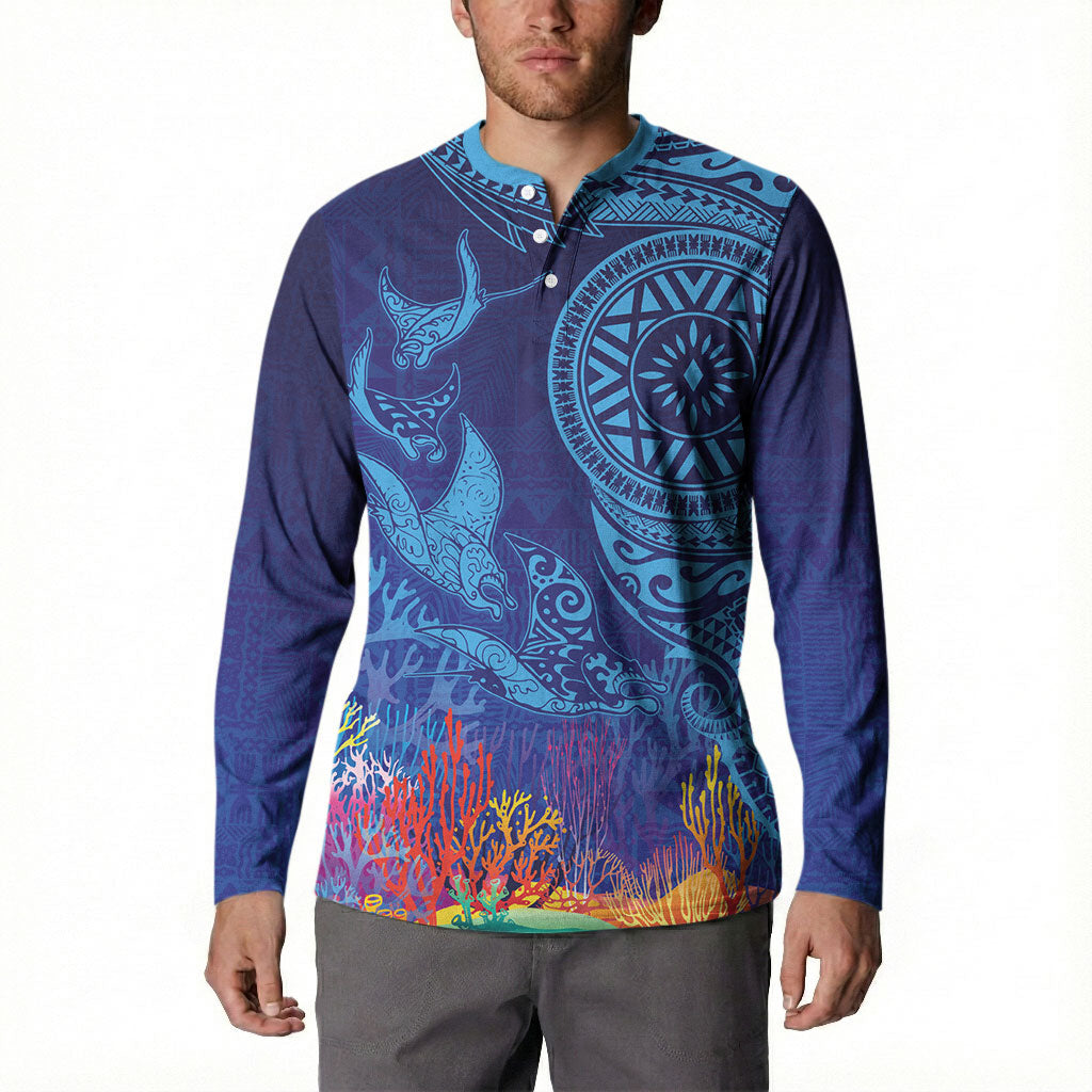 Fijian Tribal Manta Ray Button Sweatshirt Masi Motif with Coral Reef Ocean Vibe