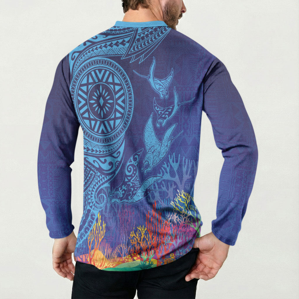 Fijian Tribal Manta Ray Button Sweatshirt Masi Motif with Coral Reef Ocean Vibe