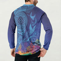 Fijian Tribal Manta Ray Button Sweatshirt Masi Motif with Coral Reef Ocean Vibe