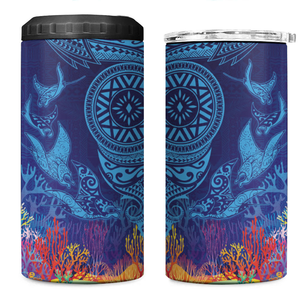 Fijian Tribal Manta Ray 4 in 1 Can Cooler Tumbler Masi Motif with Coral Reef Ocean Vibe