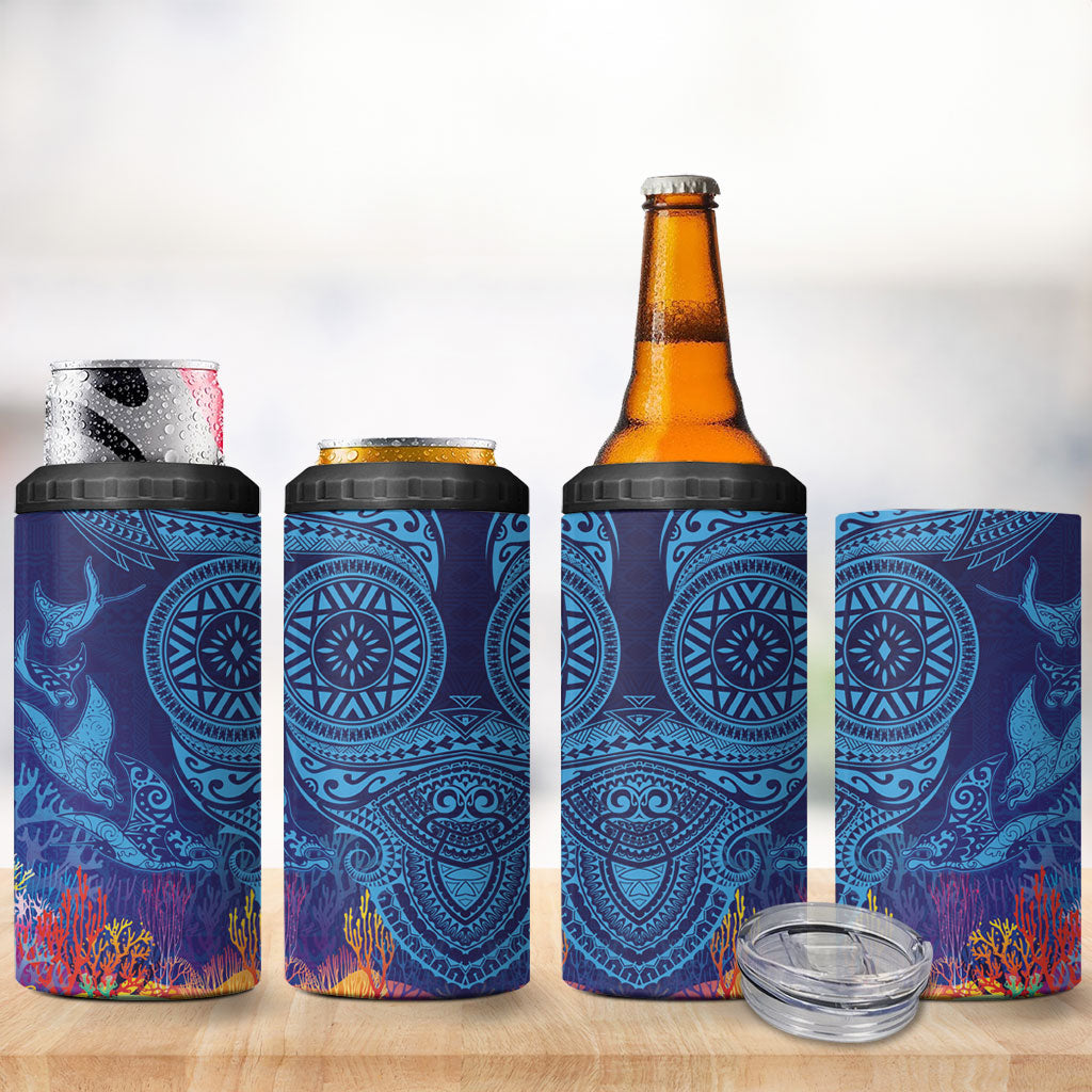 Fijian Tribal Manta Ray 4 in 1 Can Cooler Tumbler Masi Motif with Coral Reef Ocean Vibe