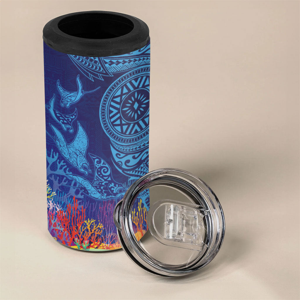 Fijian Tribal Manta Ray 4 in 1 Can Cooler Tumbler Masi Motif with Coral Reef Ocean Vibe