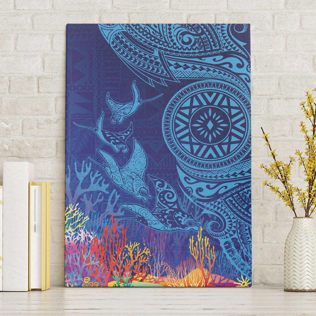 Fijian Tribal Manta Ray Canvas Wall Art Masi Motif with Coral Reef Ocean Vibe