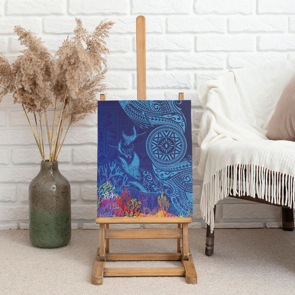 Fijian Tribal Manta Ray Canvas Wall Art Masi Motif with Coral Reef Ocean Vibe