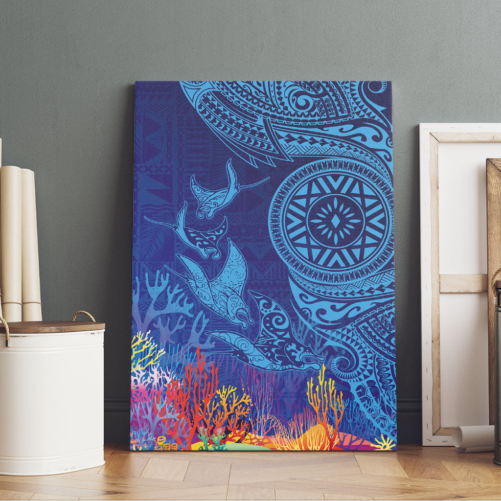Fijian Tribal Manta Ray Canvas Wall Art Masi Motif with Coral Reef Ocean Vibe