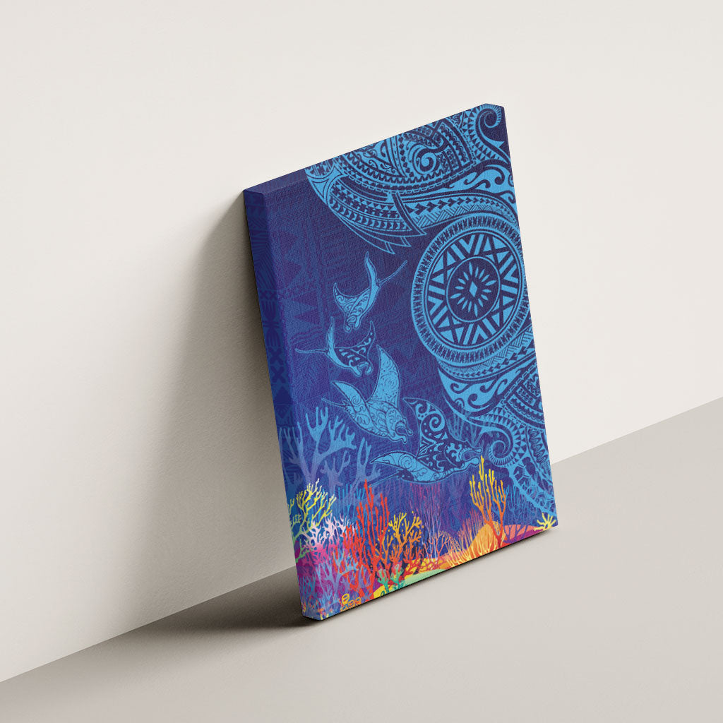 Fijian Tribal Manta Ray Canvas Wall Art Masi Motif with Coral Reef Ocean Vibe
