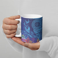 Fijian Tribal Manta Ray Ceramic Mug Masi Motif with Coral Reef Ocean Vibe